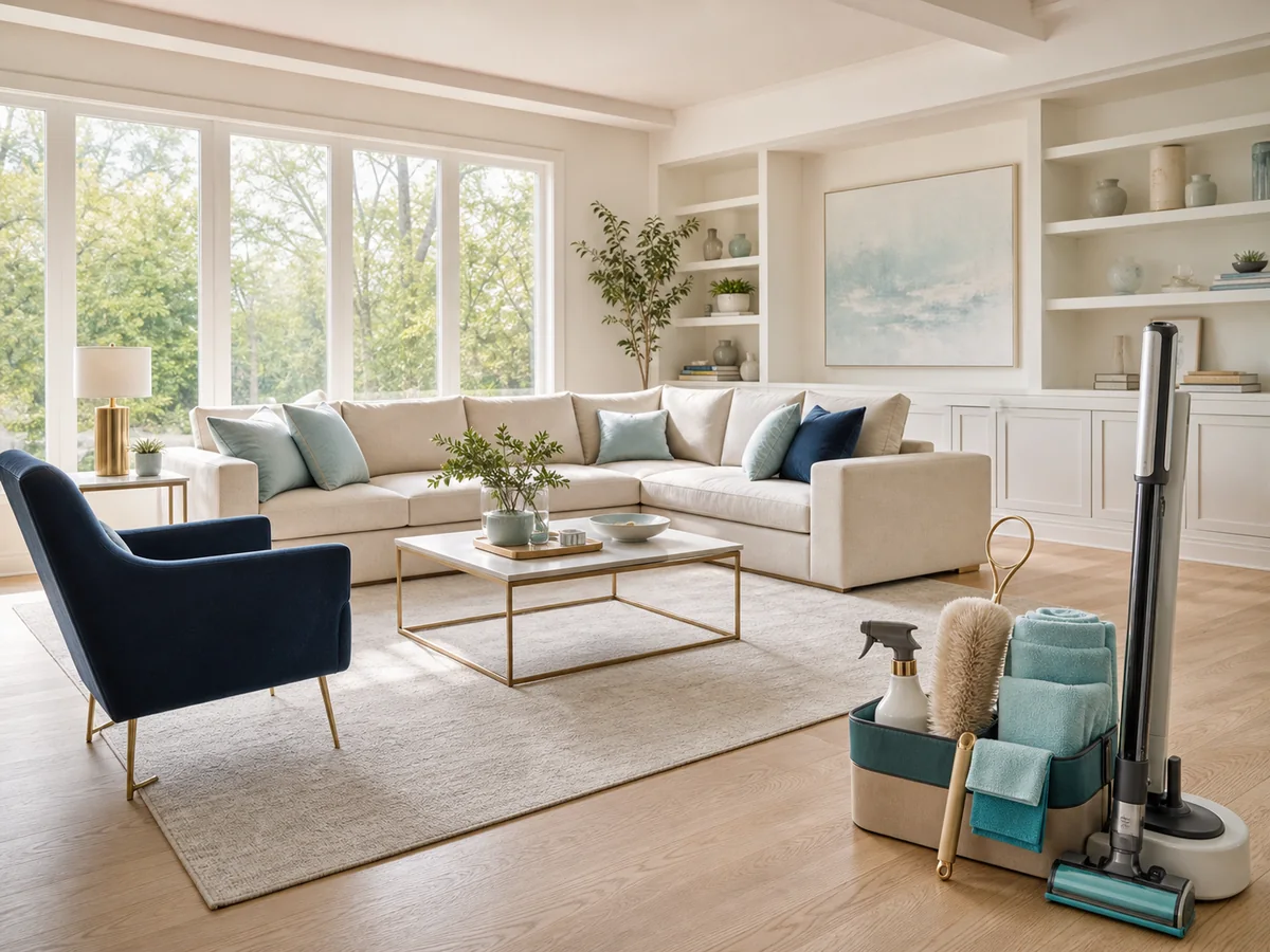 Gepflegtes Wohnzimmer mit Reinigungsausstattung