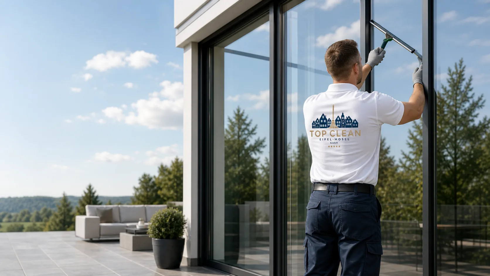 Top Clean Mitarbeiter reinigt eine Glasfassade